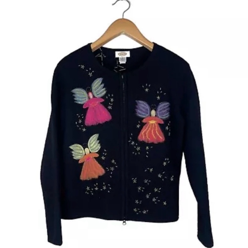 Vintage Talbots Women’s Medium 100% Wool Cardigan Black Felted Angels Gold Beads
